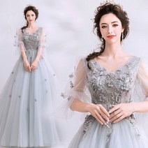이브닝드레스대여 파티드레스 천사의 혼수 회색 짙은 V 넥 긴팔 만찬 연례 무대 공연 사회자