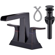 DIKUROOMS 폭포 욕실 수도꼭지 핸들 2개 10 2cm(4인치) 3홀 센터세트 화장실 화장대 싱크 오버플로우 팝업 배수구 어셈블리 스퀘어 세면대 믹서 탭 cUPC 워터 라인, 기름칠한 청동