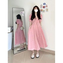 프렌치 고급스러운 핑크 브이넥 셔링 원피스 가을 시크한 미모 드레스 자녀