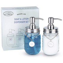 Lily & Drew 메이슨 병 비누 디스펜서 및 로션 세트 주방 또는 욕실용 (2) 태그 스테인리스 스틸 펌프 포함 (블랙), Silver