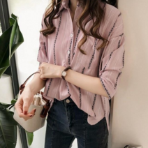 패션디바 여성용 카라 셔츠 리프 세로 스트라이프 블라우스