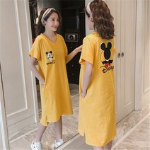 [항공배송] 2021 여름 의류 중형 대형 V-Neck 미키 인쇄 반팔 티셔츠 드레스 루즈 드레스 임신