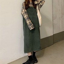 여자 코듀로이 멜빵 포켓 박시핏 롱 원피스