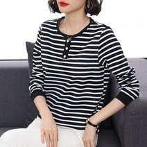 Makone 여자 봄가을 상의긴팔 스트라이프 티셔츠 여면 봄가을 박시 엄마 상의