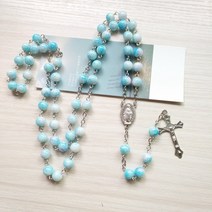 천주교성물 첫영성체선물 묵주 qigo blue glass rosary 목걸이 긴 십자가 펜던트 여성 남성 종교 기도 보석, 없음
