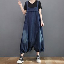 도오빠 브그진 여성 데님 멜빵바지 점프수트 루즈핏 오버핏 빅사이즈 9부 와이드 팬츠 청바지 배기핏 하렘 워싱 민소매 봄 가을 중년 여자긴바지 여자멜빵 의류