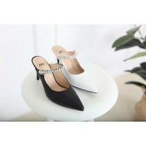 큐빅 스트랩 포인트 양가죽 뮬라인 힐 슬리퍼