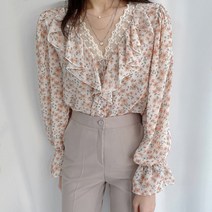 라라벨 여성 플라워 레이스블라우스 프린 레이스 블라우스 셔츠