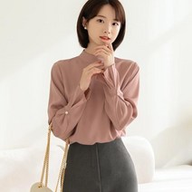 시크라인 하프넥 소매단 핀턱 진주 새틴 블라우스