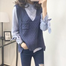 우먼써스데이아일랜드스웨터조끼크롭 아가일 체크패턴 배색 브이-넥 여자 오버핏 스웨터조끼, 카키[원피스 조끼]
