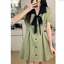 VSYOY 셔츠 체크 리본 원피스