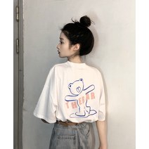 빠른 배달 한국 버전 210g 면화 물 곰 인쇄 학술 스타일 재킷 반팔 티셔츠 여학생
