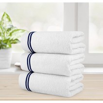 Chic Home 고급스러운 3피스 100% 순수 터키산 면 화이트 목욕 타월 76.2 x 152.4cm(30 60인치) 매우 부드러움 흡수성이 뛰어나며 저자극성 오래 지속, White-navy_3-Piece Bath Towel