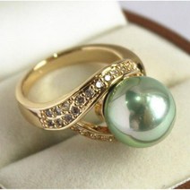 여성용 크리스탈 장식 진주 반지 그린 쉘 12mm 18KGP #7 8 9 10