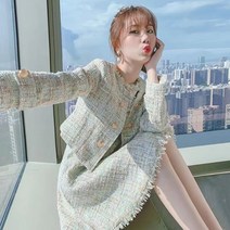 트위드 투피스 세트 하객룩 오피스룩 새로운 가을 드레스 디자이너 겨울 여성 화이트 짧은
