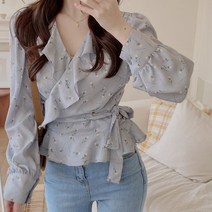 [레티고] 브이넥 플라워 프릴 블라우스