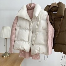여성조끼 여성니트조끼 겨울 코튼 조끼 여성 코트 턴 다운 칼라 지퍼 민소매 자켓 오버 드로 스트링