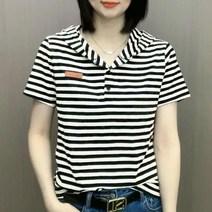 여성 봄여름 스트라이프 반팔 후드 티셔츠