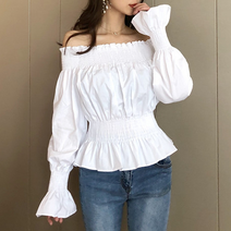 르엠마 블루벨 프릴 스모크 오프숄더 봄 블라우스