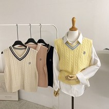 허니제이 / 썬프 배색 자수 꽈배기 여유핏 니트 조끼(4color)