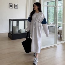 쉐얼유 여성용 모모 배색 스트링 오버핏 기모 롱원피스
