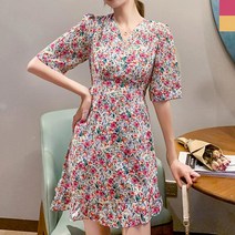 언발란스 플라워 패턴 브이넥 프릴 원피스 여름코디 봄스타일링 가을패션 롱스커트 데이트룩 하객룩