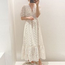 레이스 반팔 퍼프소매 펀칭 아일렛 롱 원피스