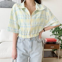 네쥬 여성 여름 카라 세미 크롭 체크 밴딩 반팔 집업