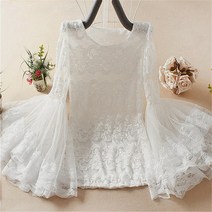 여성 블라우스/셔츠 2018 봄 가을 여성 보터밍 셔츠 스위트 미디 롱 할로우 아웃 메쉬 블라우스 숙녀 플레어 슬리브 레이스 블라우스 쇼트 탑 A852