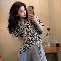 Ogfaour호피 셔링 주름 스트랩 티셔츠 캐주얼 꾸안꾸 핫한
