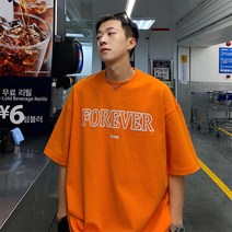 100%순면클라인블루레터링반팔티셔츠남여름반팔ins루즈항풍고길