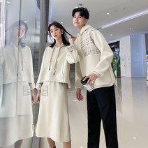 커플룩 여 맨투맨 스커트 투피스 세트 남 후드 캐주얼 후드티 맨투맨