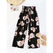 Finjani 여성용 하이웨이스트 벨트 바지 플라워 프린트 스플릿 밑단 와이드 레그 팬츠 플러스 사이즈