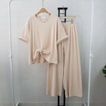 상상그이상 여성용 국내제작 골지 라운드 세트 시원한소재 체형커버 반팔티셔츠 밴딩 와이드팬츠 데일리 트레이닝세트 집에서입는 편한 츄리닝