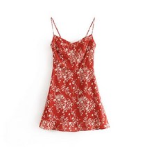 Bazaleas 프랑스 vestido 빈티지 붉은 꽃 프린트 여성 드레스 기본 스파게티 호환 스트랩 미니