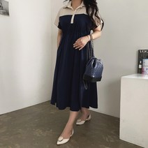 [비비애르] 카라 니트 배색 스트링 반팔 롱 원피스 나일론 A라인 세련된 데일리 하객원피스