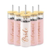 Bride to Be 아이스 커피 컵 6개 591 5ml(20온스) 메이슨 병 컵 빨대와 뚜껑 포함 대나무 실리콘 보호 슬리브 신부 들러리 제안 선물 브라이덜 샤워 선물 용품 신부, 6, 20oz