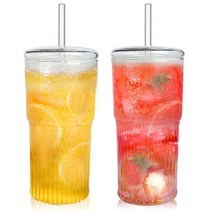 CAYOREPO 뚜껑과 빨대가 있는 591.5ml(20온스) 유리 컵 2팩 유리 커피 텀블러 텀블러 물병 두꺼운 벽 유리 커피 머그 아이스 티 컵 (투명 (591.5ml(20, Clear (2Pcs 18oz)