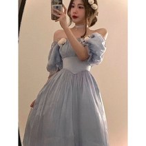 프랑스 빈티지 우아한 여성 드레스 블루 레트로 이브닝 파티 미디 달콤한 한국 공주 가을 겨울 2022