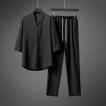 남자 브이넥 면마 춘추 반팔 생활 퓨전 한복 바지 세트 투피스 한벌