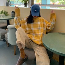 풀오버 체크무늬 여성 니트 루즈핏 봄가을겨울 빈티지 데일리 노랑 빅사이즈 박스 하프티셔츠