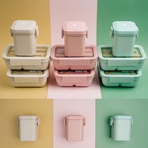밀프랩 도시락 직장인 다이어트 보온용기 밀짚 런치박스 집들이선물 식단조절 도시락통, 핑크, set직사각+정사각+스프