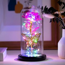 신비즈 LED 나비 앉은 반짝이는 장미 유리돔, 핑크