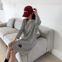 오슈 여성 박시한 스트라이프 단가라 캐주얼 데일리 롱원피스