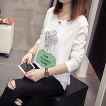 [실버캣] 여성 빅사이즈 네추럴 헤어 일러스트 프린팅 긴팔 티셔츠