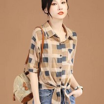 자칠 면 마 반팔 체크 셔츠 캐주얼 루즈핏 셔츠