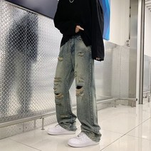 남성 패션 레트로 루즈한 캐주얼 찢어진 청바지