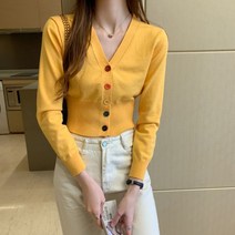 안나리야 슬림 레인보우 단추 심플 니트 숏 가디건 SH