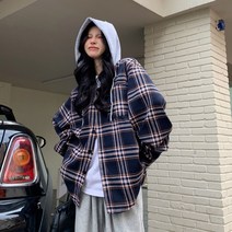 발렌타인데이 체크 셔츠 남녀 나른 커플 후드 코트 봄가을 상의 ins 선물