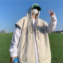 WZC 봄여름 남성 후드 조끼 투웨이 집업 레터링 포켓 베스트 아우터 캐주얼 빅사이즈